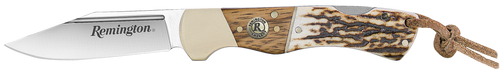 Remington Accessories 15654 Guide Lock Back 4.00" Folding V-Flat Stainless Steel Blade, Stag Bone Handle w/Remington Shield, Nickle Silver Bolsters, Includes Leather Lanyard
