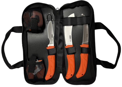 AccuSharp 738C Processing Kit  Fixed Butcher/Caping/Gutting Plain Stainless Steel Blades/Blaze Orange Non-Slip Grip 6 Piece Includes Nylon Case