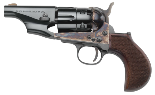 Taylors & Company 200017 1860 Army Snub Nose Break Open 44 Cal Striker Fire 3" 6 Shot Color Case Hardened Frame Blued Barrel & Cylinder Walnut Grip