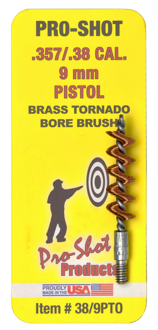 Pro-Shot 389PTO Tornado Bore Brush .38/ 9mm Cal Pistol #8-32 Thread Brass Spiral Wound Loop