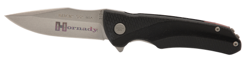 Hornady 99143   Folding Plain Satin w Laser Engraved Logo 420HC SS Blade Black GFN Handle Includes Pocket Clip