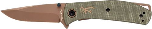 Browning 3220516 Trailside  EDC Small 3" Folding Modified Drop Point Plain Titanium Finish D2 Steel Blade, Green Micarta Handle