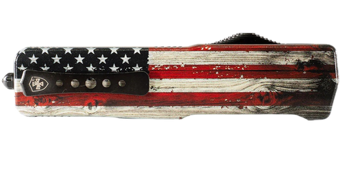 Templar Knife  Premium Weighted Wood US Flag Slim 3" OTF Tanto Part Serrated Black Oxide Stonewashed Powder Coated D2 Steel Blade, 4.50" Painted Wood Grain US Flag Aluminum Zinc Alloy Handle