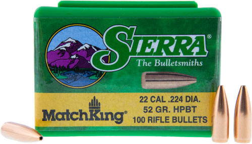 52GR HPBT MATCH 100CTSIERRA BULLETS .22 CAL .224 