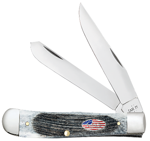 Case 53060 Trapper Stars & Stripes 3.24"/3.27" Folding Clip Point/Spey Plain Mirror Polished Tru-Sharp SS Blade, Sawcut Jig Gray Bone Handle, American Flag Shield