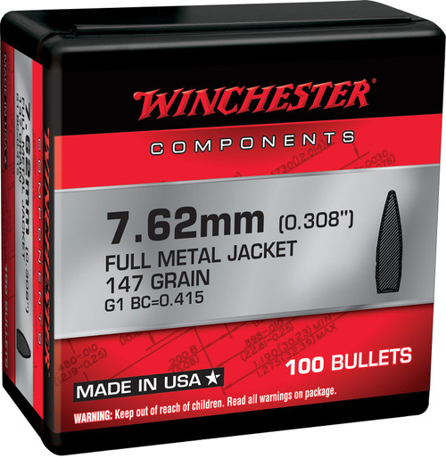 Winchester FMJBT Bullets 7.62mm .308" 147gr 100/ct