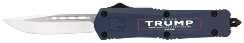 CobraTec Knives MTRP24BLUDNS FS-3 Trump 2024 Medium OTF Drop Point Plain Satin D2 Steel Blade, 4.50" Blue w/Trump, Make America Great Again Aluminum Cerakoted Handle