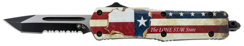 Templar Knife STX531 Gen II Texan Small 2.25" OTF Tanto Part Serrated Black Oxide Stonewashed 440C SS Blade, 4.31" Texas Flag Aluminum Handle, Glass Breaker
