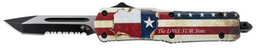 Templar Knife STX531 Gen II Texan Small 2.25" OTF Tanto Part Serrated Black Oxide Stonewashed 440C SS Blade, 4.31" Texas Flag Aluminum Handle, Glass Breaker
