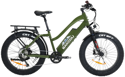 Bakcou E-bikes B-FST24-G-B17 Flatlander ST 24 Gloss Army Green 18" w/Stand Over Height of 26"/Frame Shimano Alivio Hill-Climbing 9 Speed Bafang 750W High-End Rear Hub Motor 25+ mph Speed