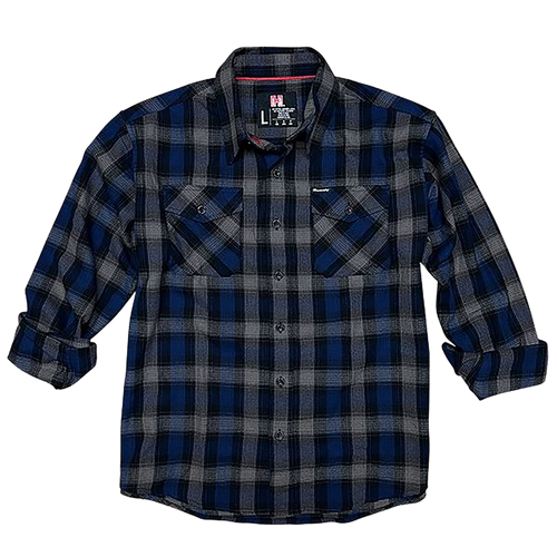 Hornady Gear 32203 Flannel Shirt  Large Navy/Black/Gray,  Cotton/Polyester, Relaxed Fit Button Up