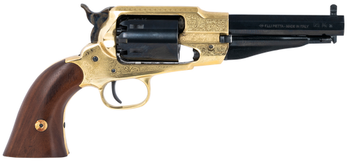 Pietta PF58BRE44512 1858 Sheriff 44 Cal 5.50" 6rd Brass Frame Engraved Brass Frame, Blued Engraved Cylinder, Blued Engraved Steel, Barrel Walnut Grip