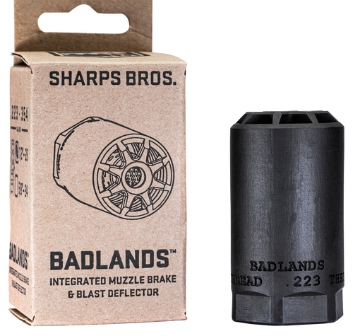 Sharps Bros BAD02 Badlands  Muzzle Brake/Blast Deflector, Heat Treated 17-4 Stainless Steel w/Nitride Finish, 5/8"-24 tpi Threads 2.75"L 1.50"D for Multi-Caliber (.223-.354) Full-Auto Rated