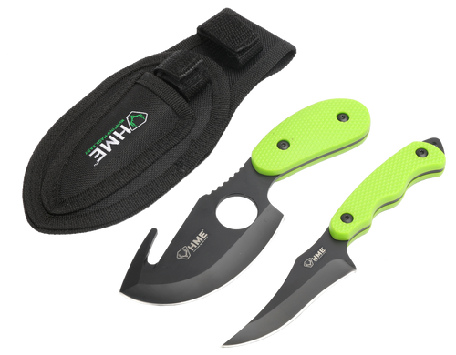 HME HMEKN2PSGC Skinning Kit  3.50" Fixed Skinner w/Gut Hook/Caping Plain/Gut Hook Black Oxide 420HC Blade, TPR Green Handle