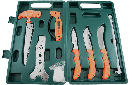AccuSharp 728C Game Processing Kit Butcher/Caper/Gut-Hook/Bone Saw/Ribcage Spreader Gut Hook/Saw/Plain Stainless Steel Blade Orange FRN Handle
