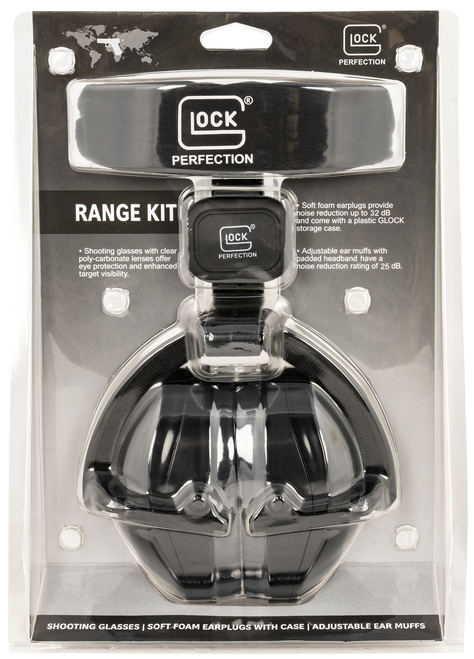 Glock AP60220 Range Kit  25 dB Padded Headband Adjustable Ear Muff, Clear Poly-Carbonate Shooter/Safety Glasses, 32 dB Foam Ear Plugs, Includes Cloth Pouch & Ear Plug Case