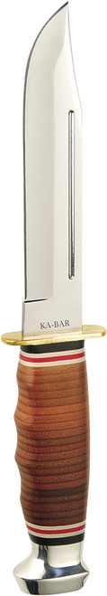 Ka-Bar 1235 Marine Hunter  5.88" Fixed Clip Point Plain Polished 4116 SS Blade, Stacked w/Finger Grooves Leather Handle, Includes Sheath