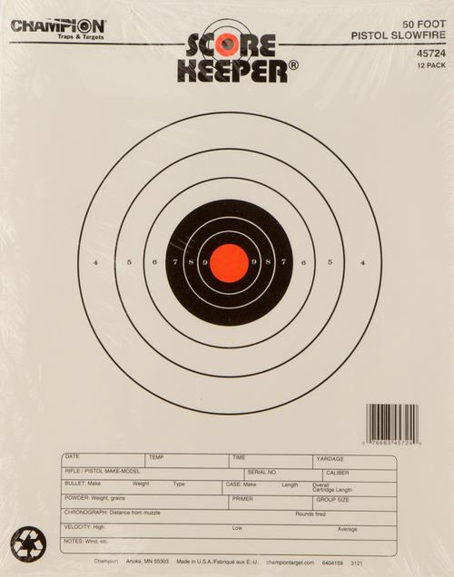 Champion Targets 45724 Score Keeper Slow Fire Bullseye Paper Hanging 50 foot Pistol 11" x 16" Black/Orange 12 PK