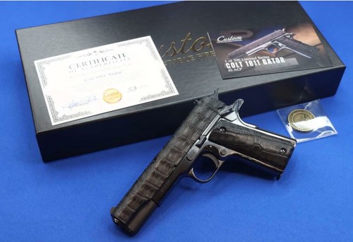 Collectible 1 of 300 made COLT Cnc Firearms CNCGATOR45 Colt Government Gator Exclusive 45 ACP 7+1 5" Stainless Match Grade Barrel, Black Alligator Leather Stainless Steel Slide, Black DLC Stainless Steel Frame, Black Alligator Leather Grip