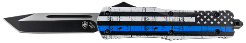 Templar Knife LBTB231 Gen II Back The Blue Large 3.50" OTF Tanto Plain Black Oxide Stonewashed 440C SS Blade, 5.25" Black & White w/Blue Line Aluminum Handle, Glass Breaker
