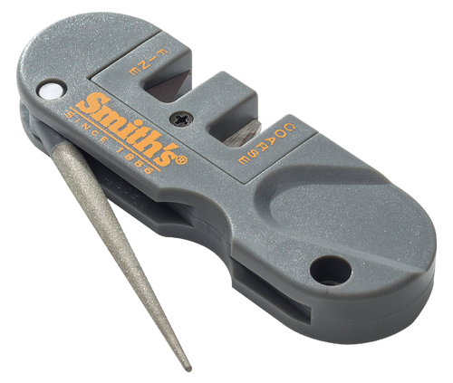 Smiths Products PP1 Pocket Pal Knife Sharpener Hand Held Fine, Medium, Coarse Carbide, Ceramic, Diamond Sharpener Plastic Handle Gray