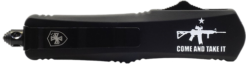 Templar Knife  Gen II Come And Take It Large 3.50" OTF Drop Point Part Serrated Black Oxide Stonewashed 440C SS Blade, 5.50" Black "Come And Take It" w/Cannon Aluminum Handle, Glass Breaker