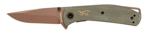 Browning 3220516B Trailside  EDC Small 3" Folding Modified Drop Point Plain Titanium Finish D2 Steel Blade, Green Micarta Handle, Boxed Pkg