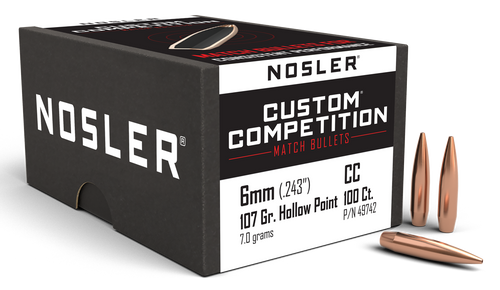 Nosler 49742 Custom Competition 6mm 107gr Hollow Point Boat Tail 100/Box