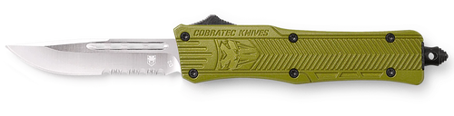 CobraTec Knives SODCTK1SDS CTK-1 Small 2.75" OTF Drop Point Part Serrated D2 Steel Blade/OD Green Aluminum Handle Features Glass Breaker Includes Pocket Clip