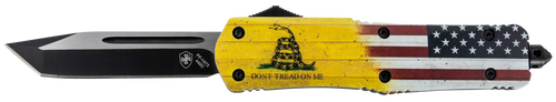Templar Knife LDTOM231 Gen II Don't Tread On Me Large 3.50" OTF Tanto Plain Black Oxide Stonewashed 440C SS Blade, 5.25" Yellow w/Flag & "Don't Tread On Me" Aluminum Handle, Glass Breaker