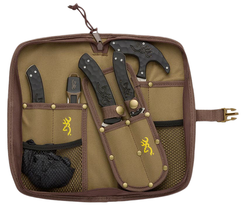 Browning 3220422B Primal Combo  Fixed Bone Saw/Caper/Gut Tool/Sharpening Tool/Skinner 8Cr13MoV SS Blade, Black Polymer w/Rubber Overmold Handle, 6 Piece Set, Includes Case/Gloves