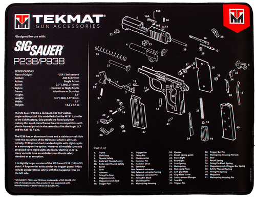 TekMat TEKR20SIGP238 Sig Sauer P238 Ultra 20 Cleaning Mat Black/White Rubber 15"x20" Sig Sauer P238 Parts Diagram