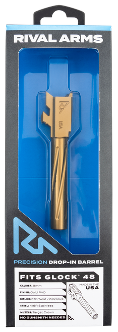 Rival Arms RA-RA20G801E Precision V1 Drop-In Barrel 9mm Luger 4.17" Gold PVD Finish 416R Stainless Steel Material for Glock 48