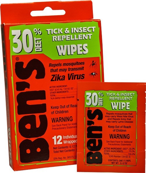 30% DEET WIPES 12 WIPES PERBOXARB BEN'S 30 INSECT REPELLENT 