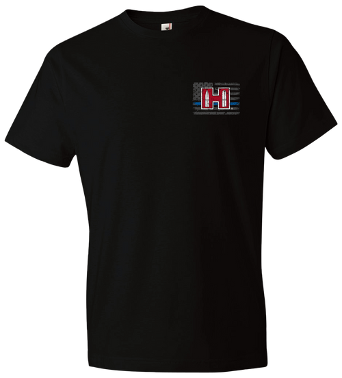 Hornady Gear 30762 POW Blue Line  Black, Cotton Short Sleeve, Semi-Fitted Medium