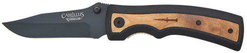 Camillus 19076-001 Slick  3" Folding Clip Point Plain Black Carbonitride Titanium AUS-8A SS Blade, 5" Black Rubber/Wood Handle