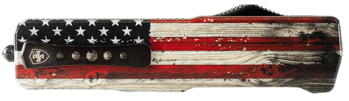 Templar Knife MZWUS121 Premium Weighted  Small 3" OTF Dagger Plain Black Oxide Stonewashed Powder Coated D2 Steel Blade, 4.50" Painted Wood Grain US Flag Aluminum Zinc Alloy Handle