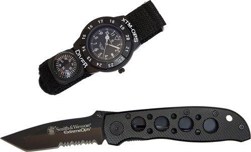 S&W SWXTMOPS2 S&W Extreme Ops Combo 3.18" Folding Plain Black 420 Stainless Steel Blade, Black Handle, Watch w/Compass