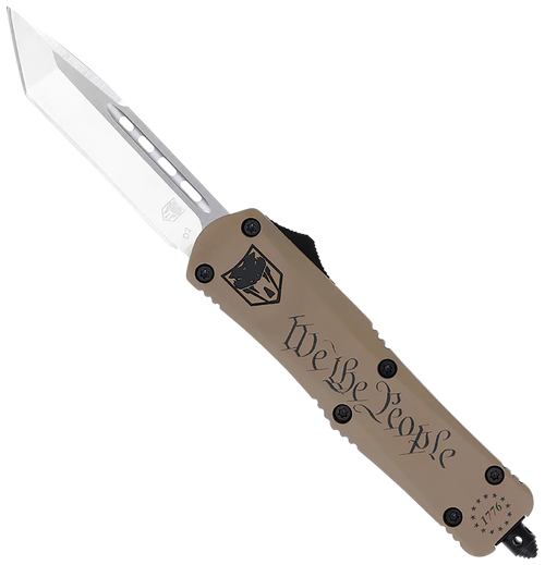 CobraTec Knives SWTPFS3TNS FS-3 We The People Small 2.75" OTF Tanto Plain Aluminum Cerakoted D2 Steel Blade, Tan "We The People" Aluminum Handle