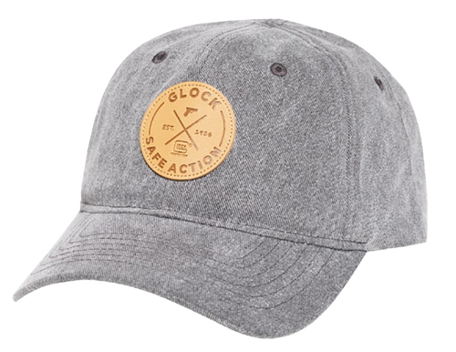 Glock AP95882 Safe Action Patch  Hat, Distressed Gray Denim, Relaxed Fit w/Adjustable Metal Back, Leather-Like Glock Patch