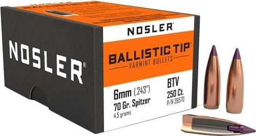Nosler 6mm Caliber 70gr Ballistic Tip Varmint Bullets 250 Count