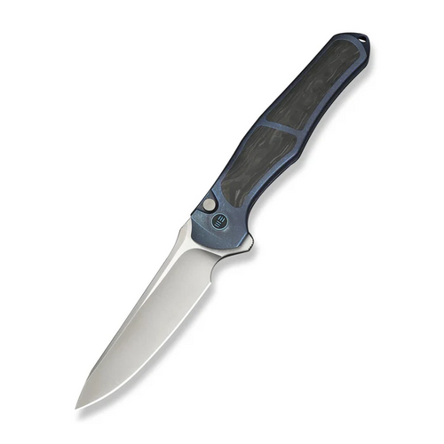WEKNIFE 702XI Flipper & Button Lock Knife Blue Titanium Integral Handle With Shredded Carbon Fiber Inlay