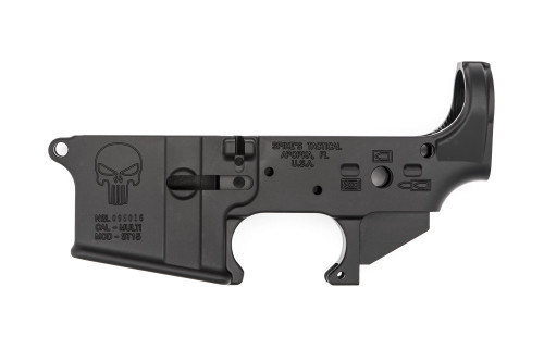 SPIKES TACTICAL STRIPPED LOWER RECEIVER, MULTI CAL, PUNISHER LOGO--COSMETIC BLEM