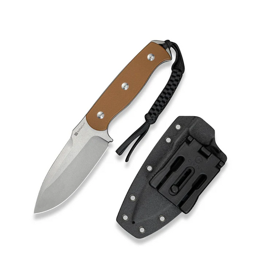 Toxodon Fixed Blade Knife 4.57"" Satin 9Cr18MoV Drop Point Plain Edge Blade, Brown G10 Handle & Kydex Sheath