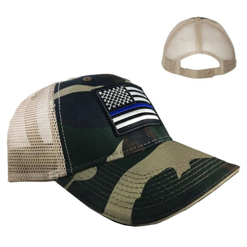 Camo Trucker Hat - Subdued Thin Blue Line American Flag