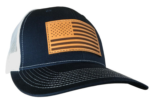 Outdoor Cap Navy/White Trucker w/USA Flag Leather Patch