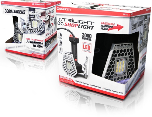 3000 LUMENS W/ADJUSTABLE HEAD<STRIKER TRILIGHT SHOP LIGHT 