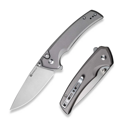 Serene Flipper/Thumb Stud Folding Knife 3.48"" Satin D2 Drop Point Plain Edge Blade, Gray Aluminum Handle