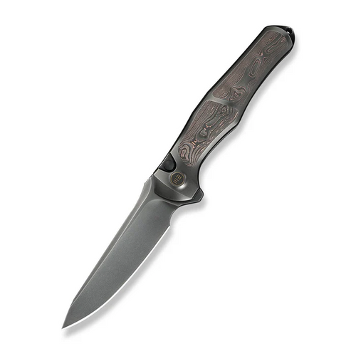 WEKNIFE 702XI Flipper & Button Lock Knife Polished Gray Titanium Integral Handle With Copper Foil Carbon Fiber Inlay