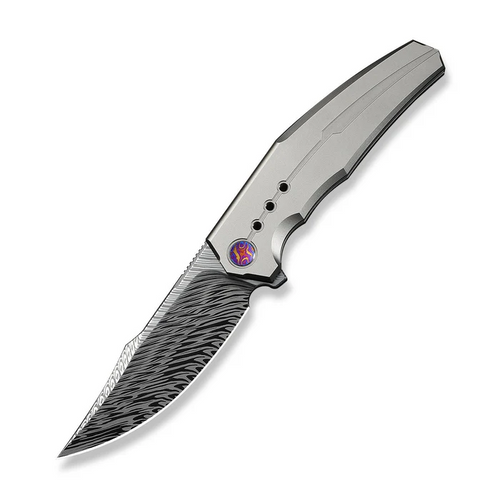 WEKNIFE Kyklos Flipper Knife Gray Titanium Handle (3.79"" Fafnir Damasteel Blade)